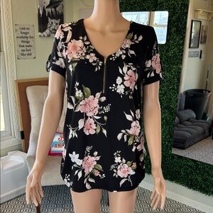 Sweet Wanderer Black Blouse with Pink Floral Design